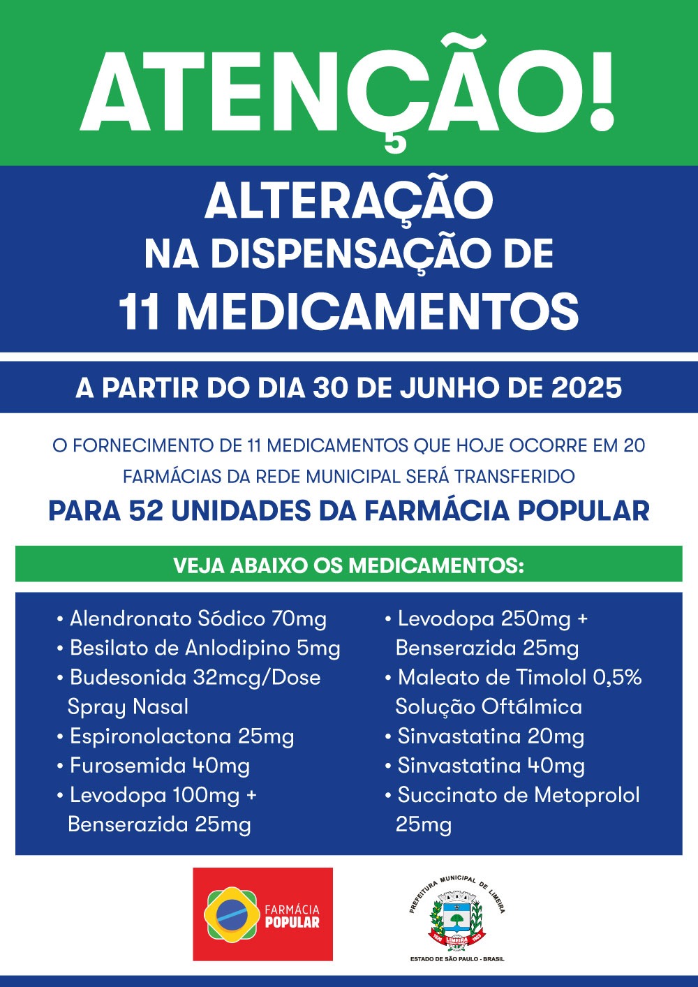 Saúde anuncia alteração na dispensação de 11 medicamentos a partir de 30 de junho