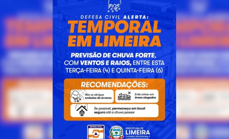 Defesa Civil de Limeira emite alerta para temporais entre terça e quinta-feira