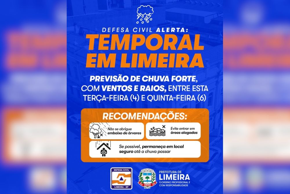 Defesa Civil de Limeira emite alerta para temporais entre terça e quinta-feira